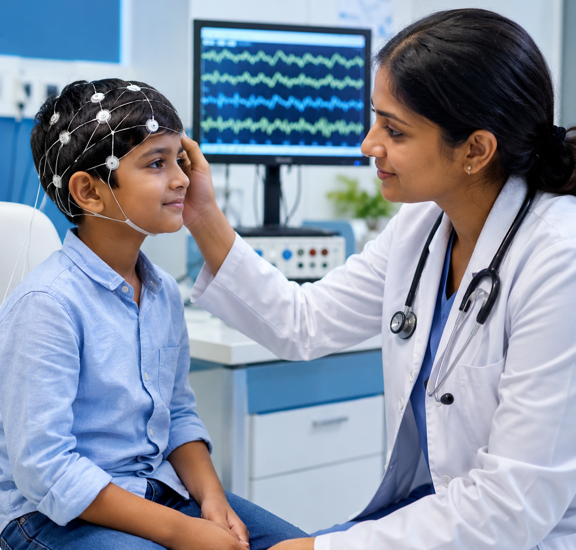 Pediatric EEG testing at New Amrutha Hospital