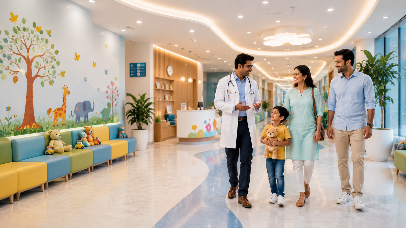 Doctor caring for a child patient at New Amrutha Hospital